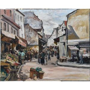 Andrée Bizet "rue Du Marché"" Huile Sur Toile 60x73